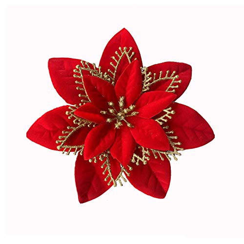 ACDE 10 Piezas 13cm Decoraciones de Flores Navideñas Artificiales Brillo Poinsettia Flores Falsas Adornos árboles Navidad con Clips (Rojo)