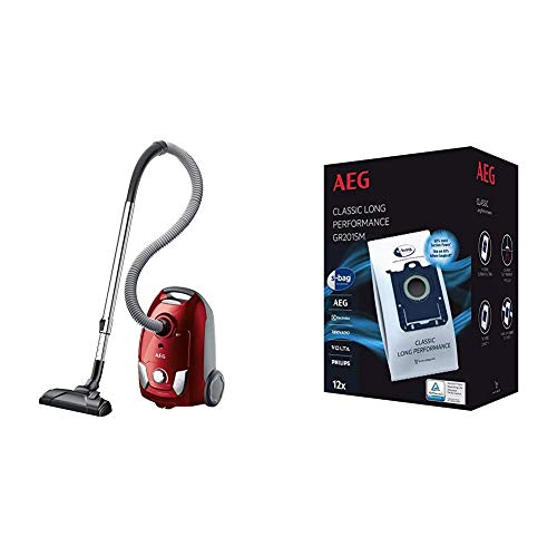 AEG VX4-1-WR-A Aspiradora con Bolsa, 750 W, 3 kg, 80 Decibelios, Polietileno expandido, Rojo + GR201SM Mega Plack Bolsa S-Bag Classic Long Performance, Papel, Sintético, Azul, Blanco