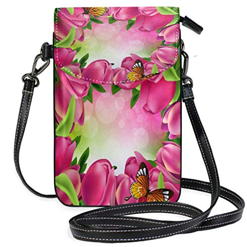 AEMAPE Butterfly Tulip Crossbody Monedero para teléfono Pequeño Mini Bolso de Hombro Bolso para teléfono Celular Cartera de Cuero para Mujeres y niñas