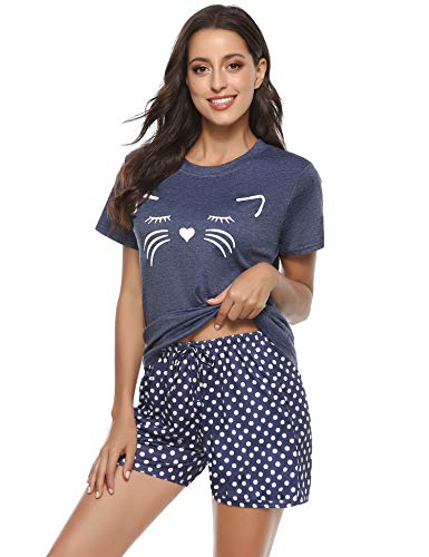 Aibrou Gato Pijama Verano Mujer Corto Algodón Suave Comodo Ligero y Agradable Ropa para Dormir Set