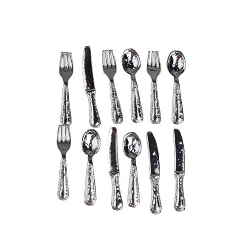 Aiyrchin 12pcs Juguetes Muebles Alimentos Dollhouse Miniatures vajilla Cubiertos de Metal de Plata Tenedor Cuchara de Cocina 01:12 Mini Vintage