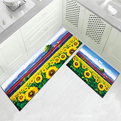 Alfombras De Cocina Antideslizantes Y Lavables,Comodidad Antideslizamiento Runner Mat 2 Piezas Conjunto,Creative Planta Girasol Alfombra Interior De Poliéster Impreso Para Cocina Baño Dormitorio,5