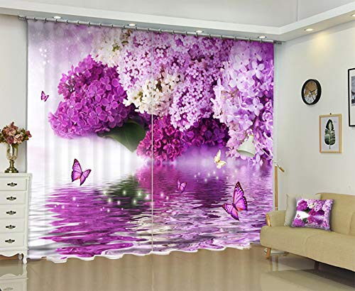 AmDxD Cortinas de poliéster con 2 paneles, cortinas de ventana para sala de estar, flores, mariposas en el agua, cortinas de ventana, color blanco, morado, 250 cm de ancho x 222 cm de alto