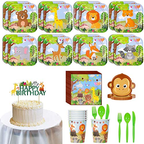 Amycute - Juego de vajilla para fiestas de cumpleaños infantiles (114 unidades), diseño de animales del bosque