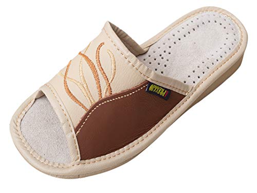 Apreggio - Zapatillas de Mujer Hechas de Cuero - Suela de Goma Firme - cómodo de Llevar - Suave - Producto 100% Natural - Hecho a Mano (Marrón, 38)