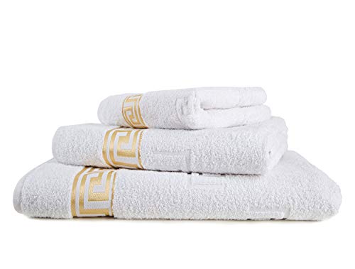 Arle-Living Lujosa toalla de baño Medusa 100 x 150 cm – fino tejido de algodón / jacquard / rizo alto con relieve plano Medusa y ribete dorado (blanco, toalla de baño 100 x 150 cm)