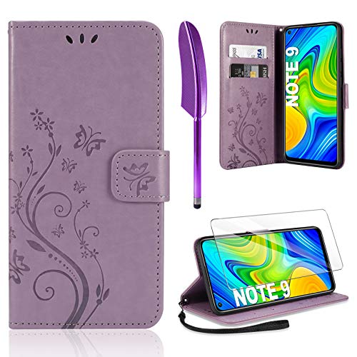 AROYI Funda Compatible con Xiaomi Redmi Note 9 y Protector de Pantalla, Relieve Dibujo Carcasa de Tipo Libro Soporte Plegable Ranuras para Tarjetas Magnético Ultra Delgado Carcasa Case, Púrpura