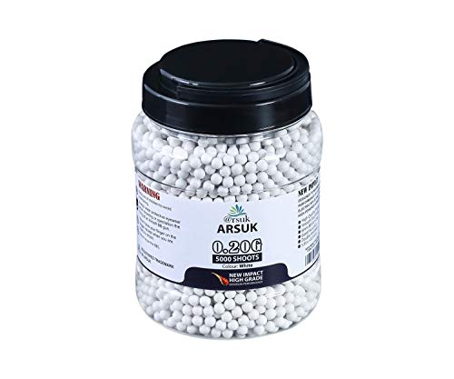 ARSUK Balines de Airsoft, Munición Bolas de Paintball 6mm, 0.20g de Alto Grado Precision de plástico Cantidades; 2000, 4000, 5000, 10,000 Balines(0.20g 5000-Pellets-Blanco)