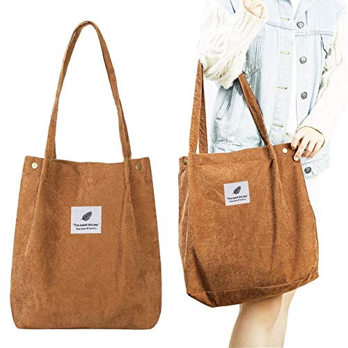 BAIBEI Bolso de Hombro de Pana, Bolso de pana, Mujer de Mano Viaje Bolsos, Bolsos de Hombro de Mujer de Moda Bolso de Compras de Gran Capacidad(Marrón)