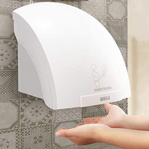 BAKAJI Secador de Manos automático eléctrico Hotel, secador de Manos de Aire Caliente de Pared baño con Sensor fotocélula (2000 W), Blanco