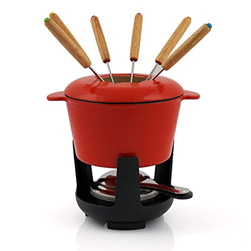 BBQ-Toro Set de Fondue de Hierro Fundido para 6 Personas Set de Fondue 13 Piezas con Quemador y Tenedor cantidad de llenado 1 litros de Queso de inducción de Chocolate (Rojo/Crema Emoliente)