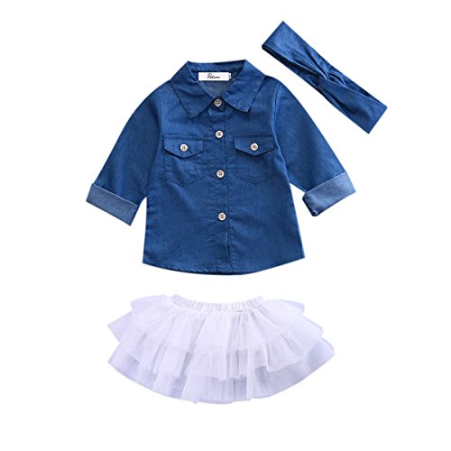 Bebé Niñas Pequeñas Traje Camisa Denim de Manga Larga + Falda Blanco de Tul + Diadema 3 Piezas Conjunto de Top Blusa Vaquera Falda Venda de Pelo (Azul, 0-12 Meses)