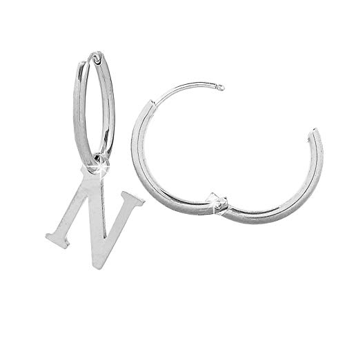 Beloved ❤️ Pendientes de aro para mujer de acero – Uno con inicial y uno de aro simple – Para lóbulos perforados – Cierre a presión – Color plata N