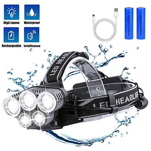 BETECK Lámpara de Cabeza LED USB Recargable Alta Potencia 15000LM, Linterna Frontal 5 LED 6 Modos IPX4 Impermeable para Camping, Pesca, Ciclismo, Carrera, Caza