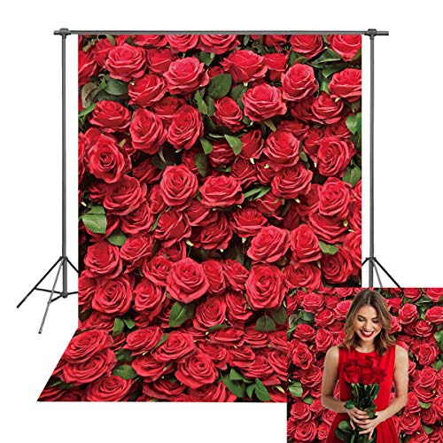 BINQOO Fondo de pared de rosas rojas con flores rojas para niñas, fiesta de cumpleaños de niñas, decoración de ceremonia de despedida de soltera, aniversario (150 cm de ancho x 210 cm de alto).