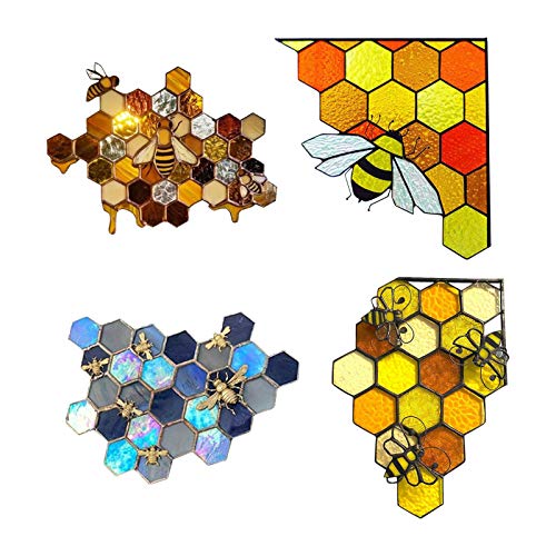 BIUDUI 4PCS Bee Sticker Queen Bee Protect Honey Suncatcher Etiqueta De La Pared De La Ventana Pegatinas De Colmena De Color 3D Honey Bee Mosaic Hecho A Mano Decoración del Hogar Arte De La Pared