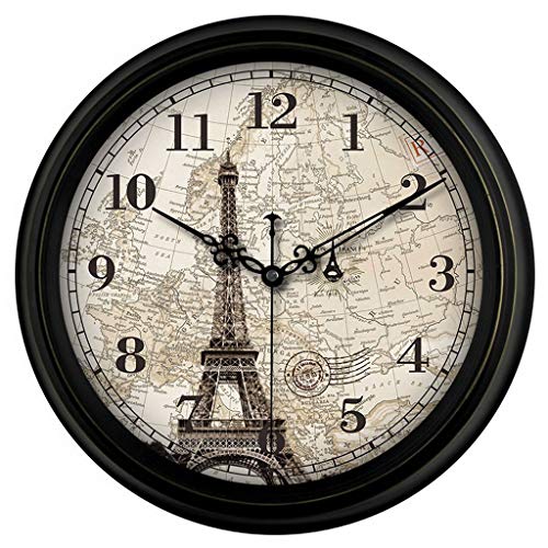 BJYG Reloj Antiguo Antiguo Vintage Francia París Sin Barrido silencioso Segundo Reloj de Pared de Cuarzo con la Torre Eiffel (Tamaño: 14 Pulgadas)
