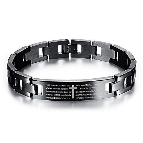 BOBIJOO JEWELRY - Pulsera de Hombre de la Acera de Acero de Titanio de Calidad de Cruz Negra de la Oración de Nuestro Padre 22cm