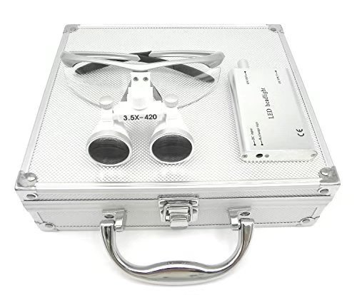 bonew Dental 3,5 x -420 mm quirúrgico Binocular Loupes lupa Kit con LED Cabeza luz caja de aluminio plata color