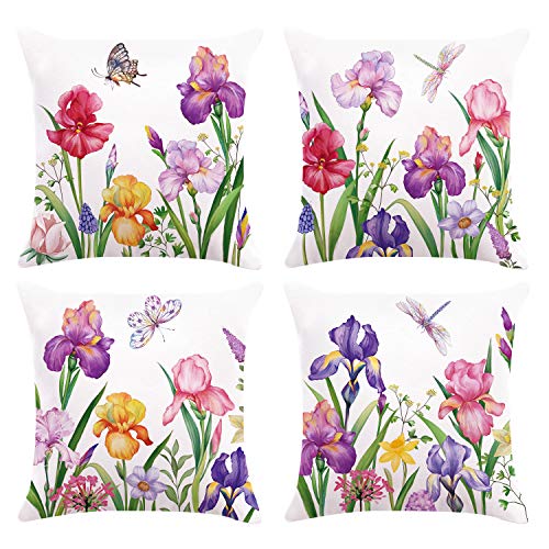 Bonhause Juego de 4 Funda de Cojín 45x45cm Flores de Iris Narciso Terciopelo Suave Fundas de Almohada para Cojines Decorativos para Exterior Sofá Cama Coche Hogar