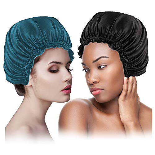 Bonnet Night,Bonnet Satin,Sombrero de Gorro de Dormir,Sleep Night Cap,Sombrero de Gorro de Dormir de Saté,Gorra de Noche Suave para Mujeres y Chicas(Negro,Azul)