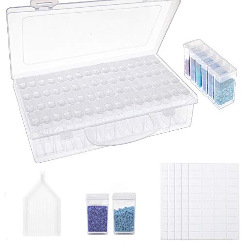 Caja de almacenamiento de pintura con diamantes de 64 compartimentos, con bandeja de embudo, 200 pegatinas para uñas, diamantes de imitación, perlas, manualidades