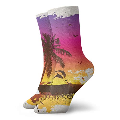 Calcetines suaves de longitud media de pantorrilla, atardecer tropical en estilo retro de acuarela palmeras en la playa, calcetines para mujeres y hombres, ideales para correr