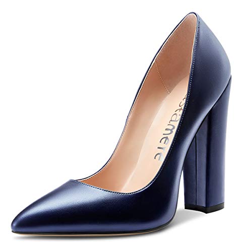 CASTAMERE Zapatos de Tacón Mujer Puntiagudas Ancho Tacón Alto 12CM High Heels Pumps Azul Oscuro PU Zapatos EU 35