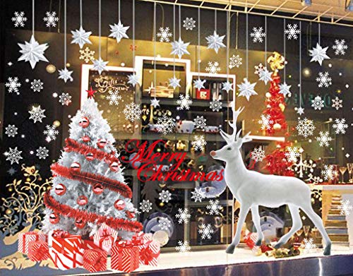 CheChury Grande Reno Blanco Árbol De Navidad Copos de Nieve Pegatinas de Ventana Murales Pared Navideños Decorativos Puerta Escaparate Extraíble Tiendas Casa