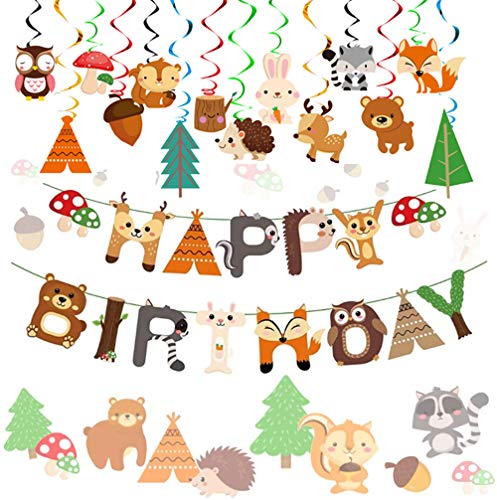 Conjunto de 2 suministros de fiesta Woodland Banner de cumpleaños de animales Banner de animales de bosque Globos temáticos de amigos de animales de bosque