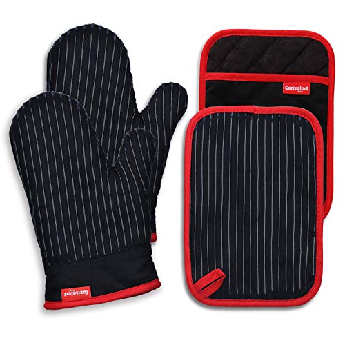 Coziselect Guantes de Horno, Guantes de Cocina Resistentes al Calor y Juego de Mantel Individual, Diseño Antideslizante de Silicona, Adecuado para Cocinar, Hornear, Asar a la Parrilla, Negro