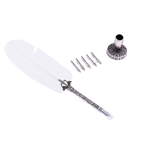 D DOLITY Juego de Pluma Estilográfica Vintage con Pluma + Soporte Estable + 5 Unids Puntas Sustituibles 1.0mm, Set de Caja de Regalo - Blanco