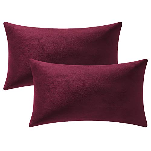 DEZENE Fundas de Cojín Rojo Vino de 30x50 cm: Paquete de 2 Fundas de Almohada Decorativas de Terciopelo Suave Sólido Rectangular para Sofá de Granja