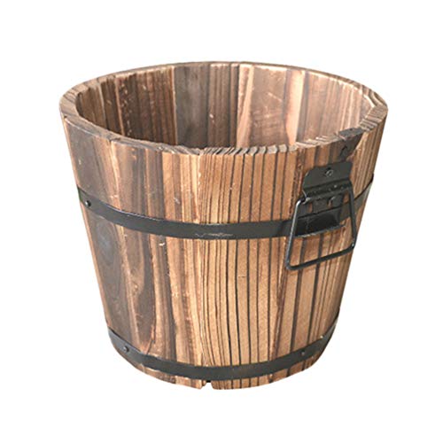 Doitool 1 Unid Cubo de Barriles de Whisky de Madera Rústica con Mango Maceta de Flores Macetas de Plantas Cajas Contenedor de Agua Pozo de Desecho Cubo Patio Jardín Patio Trasero Maceta