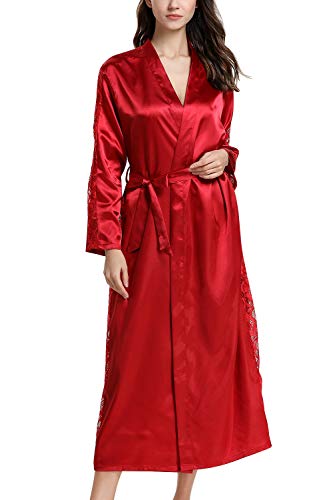 Dolamen Mujer Vestido Kimono Satén Largo, Cordón Camisón para Mujer, Lujoso Robe Albornoz Dama de Honor Ropa de Dormir Pijama, Busto 108 cm, 45,52 Inch (Rojo)