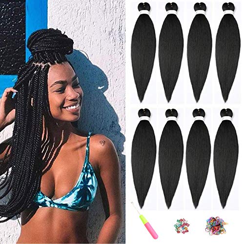 Easy trenza pre estirada extensión del cabello trenzado, trenzado de cabello Crochet Extensiones de cabello de fibra sintética hechas a baja temperatura 8 piezas (20inch(51CM), 1B#)