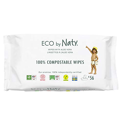 Eco by Naty Toallitas Aloe Vera para bebé, 672 unidades (12 paquetes de 56), Toallitas húmedas compostables hechas a base de fibras vegetales. 0% plástico. Sin sustancias nocivas.