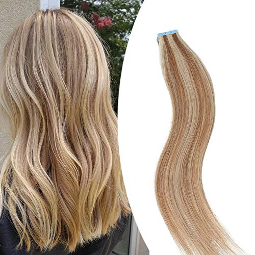 Elailite Extensiones Adhesivas Pelo Natural Balayage 60g Cabello Humano Liso 100% Remy Tape Invisible 20 Piezas Gruesas Largas 35cm #12P613 Castaño Dorado/Rubio Muy Claro