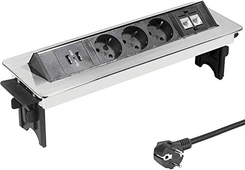 Elbe Toma de acero inoxidable empotrado, toma múltiple de 3 tomas, 2 USB, 2 RJ45, cable Max 3500w, cable de 1,5 m, acabado cromado, apto para oficina, cocina y encimera EL4703URM