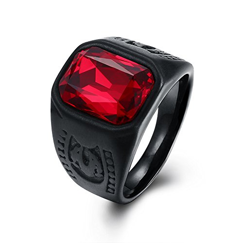 ENYU Anillo de Hombre, Anillos de Motociclista, Chapado en Pistola Negra, Sello de Cristal Rojo, Acero Inoxidable de 17 mm, Banda de Compromiso de Boda Pulida con Acabado Mate, Joyería