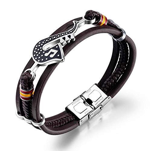 ESTUYOYA - Pulsera de Cuero y Acero Inoxidable Exclusivo Diseño Bandera de España y Saxofón con Cierre de Seguridad Antiperdida Tamaño Ajustable Amuleto Unisex