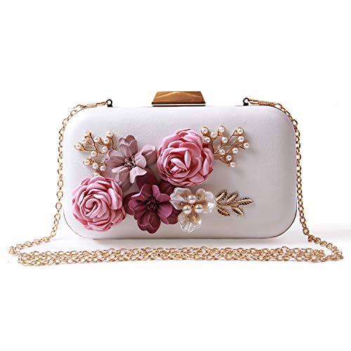 EVEOUT Bolso de Novia con Cuentas Flor Perlas para Novias,Bolso de Mano para Mujer en Piel Bolso de Fiesta para Mujer Bolso BandoleraRetro Pequeño Bolsos de Cadena para Niña