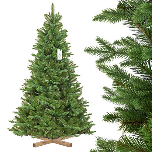 FairyTrees Abeto Noble Nordmann, Árbol Navideño Artificial, PU y PVC, Soporte de Madera, 180cm