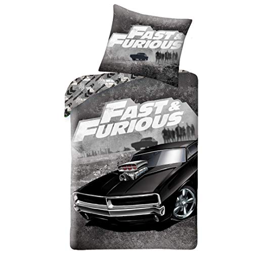 Fast & Furious Ropa de cama de 135 x 200 cm y funda de almohada de 80 x 80 cm, artículo para fans de Fast and Furious Auto Racing, 100 % algodón, ropa de cama para adolescentes