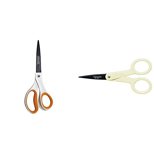 Fiskars Tijeras antiadhesivas Universales, Longitud: 21 cm, Revestimiento de titanio/Acero inoxidable plástico + Tijeras antiadhesivas Micro-Tip - 12 cm, para diestros y zurdos, Blanco, 1004682