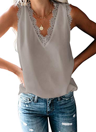 FLYCHEN Mujer Camisas sin Mangas Casuales sin Mangas de Moda de Verano Tops Mujer Shirts Chaleco de Encaje-Gris, XXL