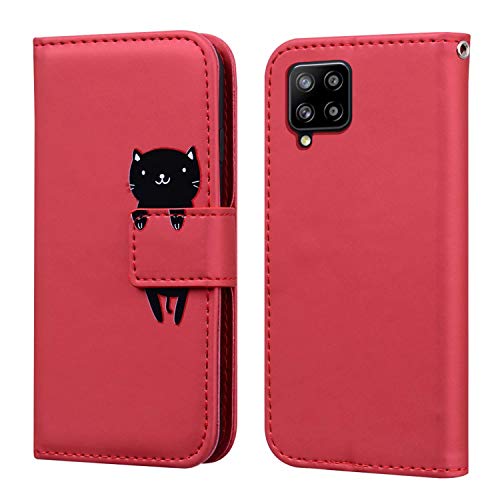 FMPC Funda Samsung Galaxy A42(5G) con Tapa, Wallet Serie Cuero Carcasa con Libro Case, Cierre Magnético Función de Soporte Gato de Dibujos Animados en 3D, Rojo