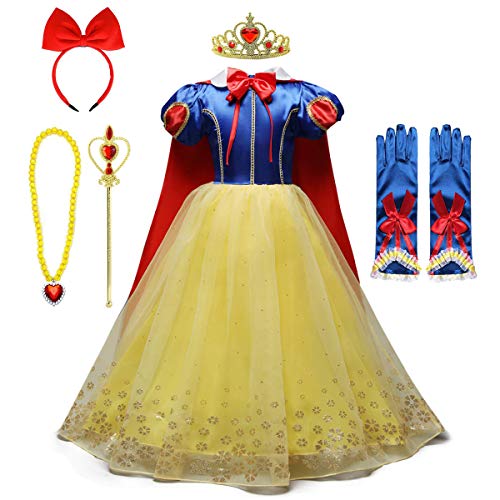 FMYFWY Niñas Vestidos de Blancanieves con Capa Disfraz de Carnaval Princesa Cumpleaños Traje de Halloween Navidad Fiesta de Cosplay Ceremonia Aniversario Bautizo Comunión Boda + Accesorios 6-7