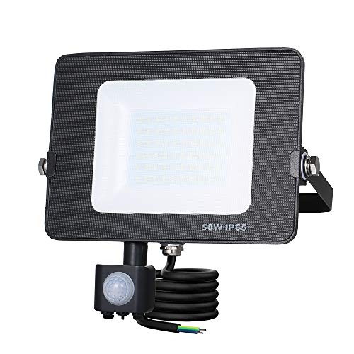 Foco LED Exterior,Tomshine 50W 60LED Foco Led con Sensor de Movimiento PIR, IP65 Impermeable 5000ML 6000K Alto Brillo Floodlight para Puertas de Patio de Jardín Garaje