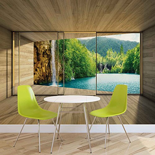 FORWALL Fotomural para Ventana, Cascada, mar, montañas, Naturaleza, Papel Pintado (3314FW), Fieltro (EasyInstall), XXXL - 416cm x 254cm